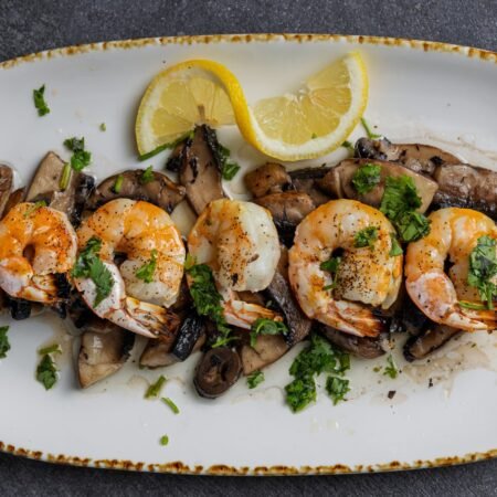 Sautéed Mushroom with Grilled Shrimp