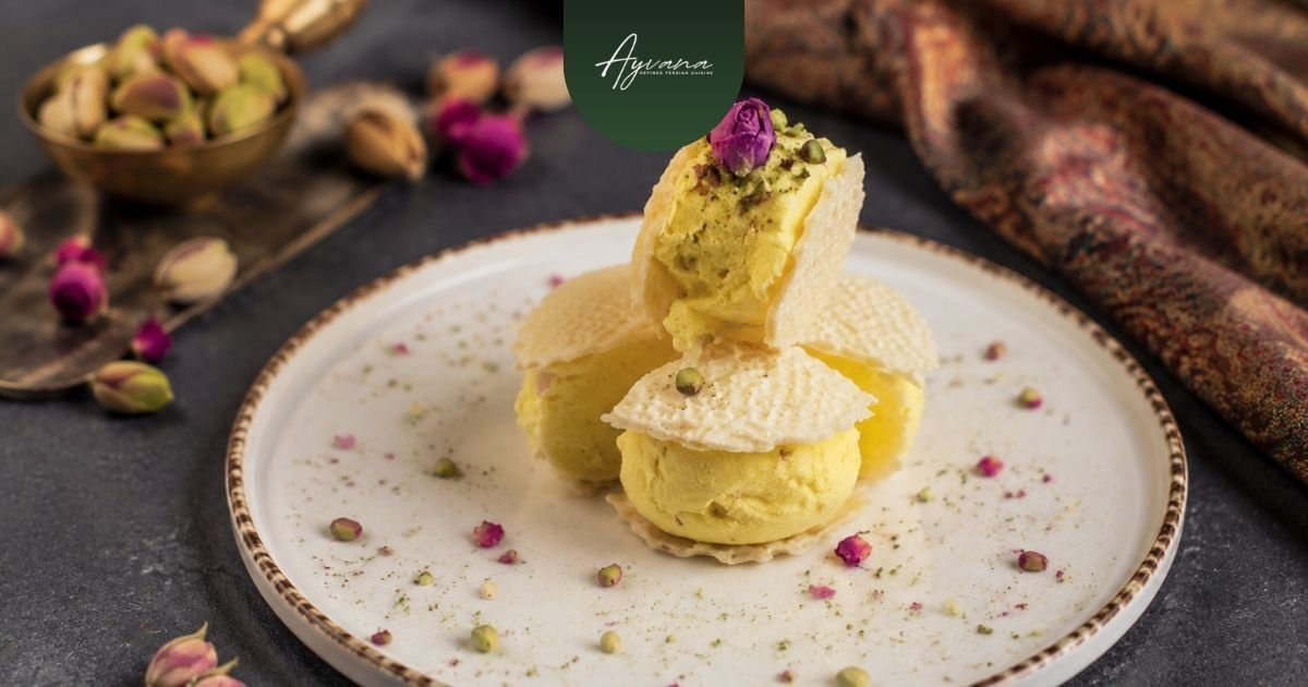 Bastani Sonnati Persian saffron ice cream topped with pistachios