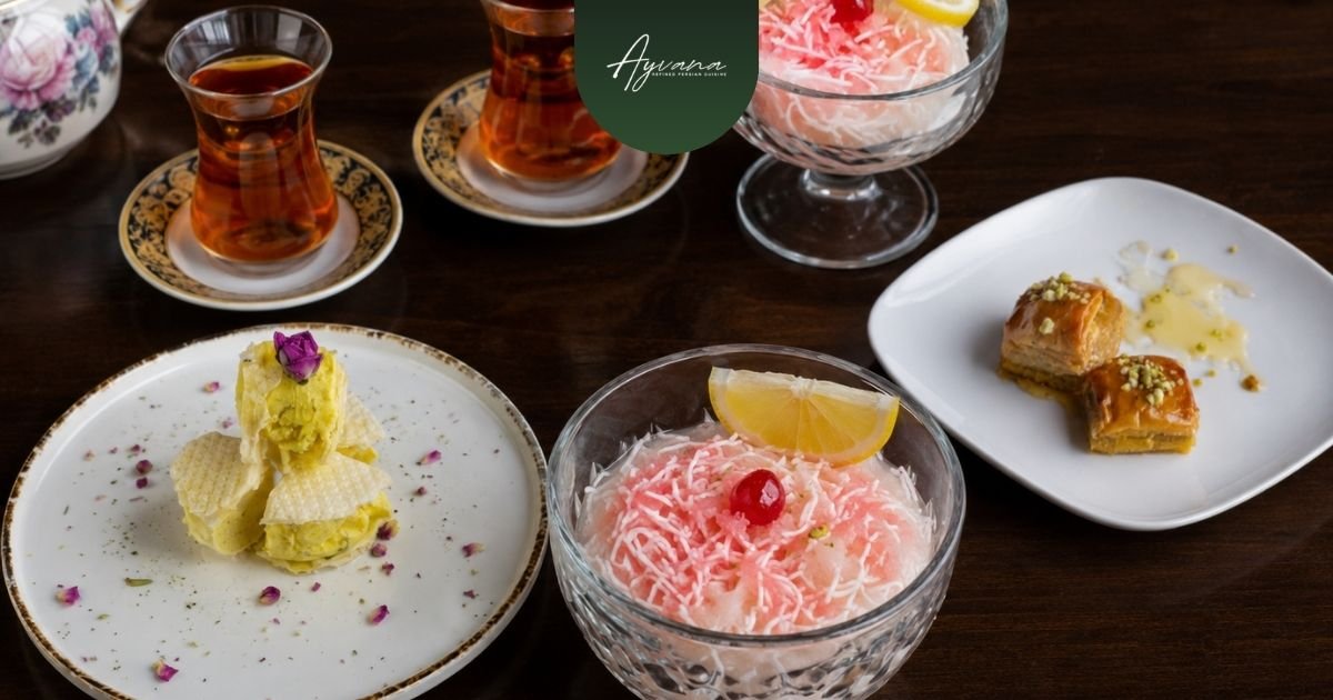 Persian tea and traditional desserts including baklava, Persian ice cream, saffron desserts, and falloodeh served after a shared meal