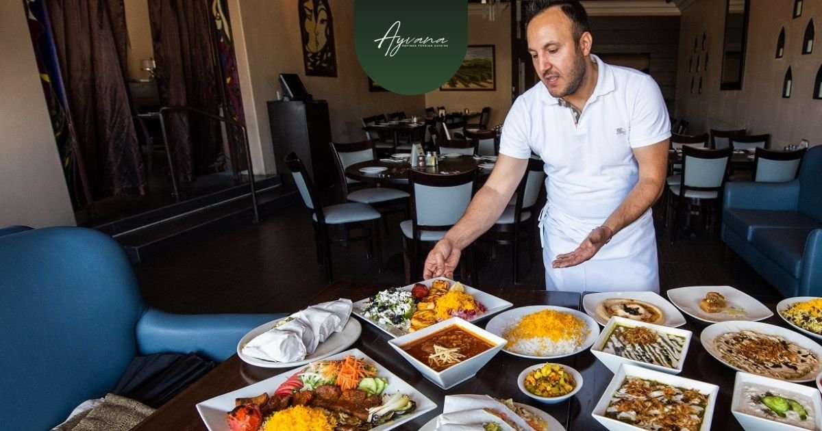 Persian restaurant server presenting traditional stews, saffron rice, appetizers, and authentic Iranian dishes inside elegant dining space.