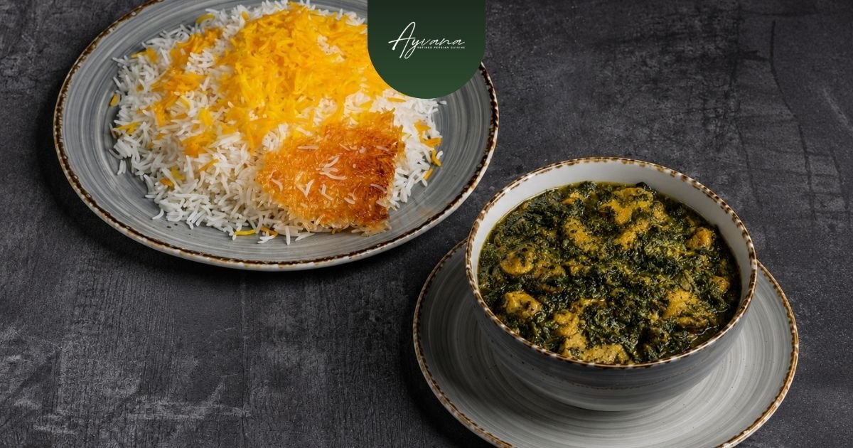 Traditional Khoresh Alu Esfenaj spinach and prune stew served beside saffron rice with crispy tahdig on ceramic plates.