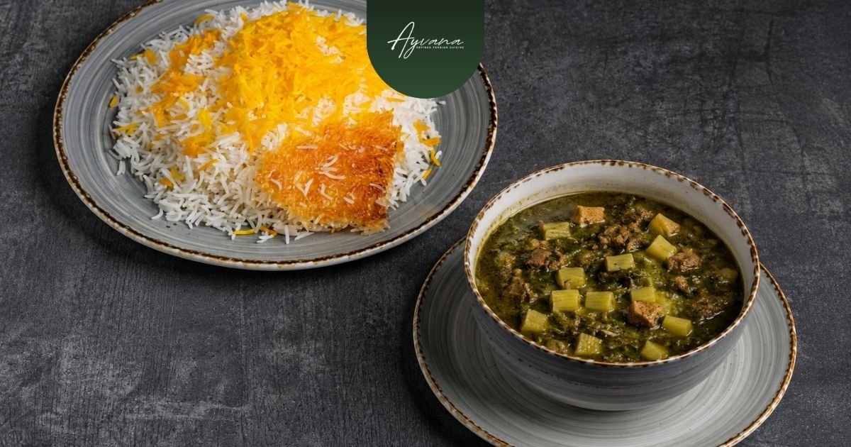 Traditional Persian celery herb stew served beside saffron rice with crispy tahdig on rustic ceramic dinnerware.