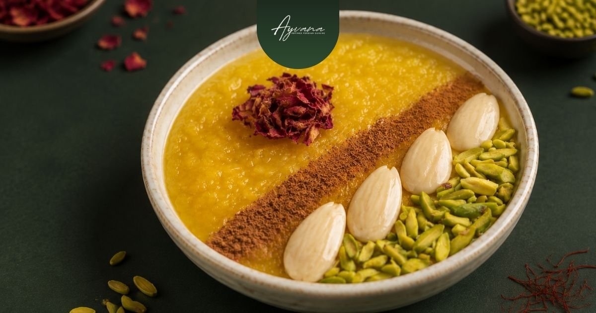 Sholeh Zard Persian saffron rice pudding garnished with cinnamon