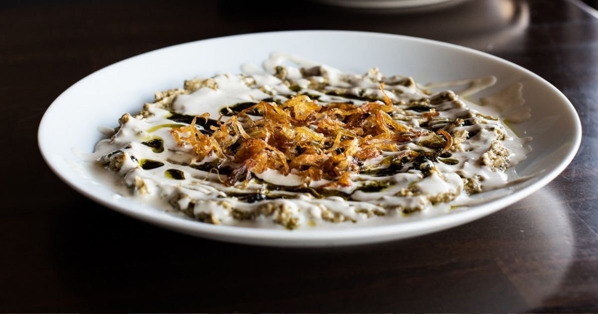 Kashk-e Bademjan Persian eggplant dip with garlic, onion, and kashk, creamy texture and rich savory flavor