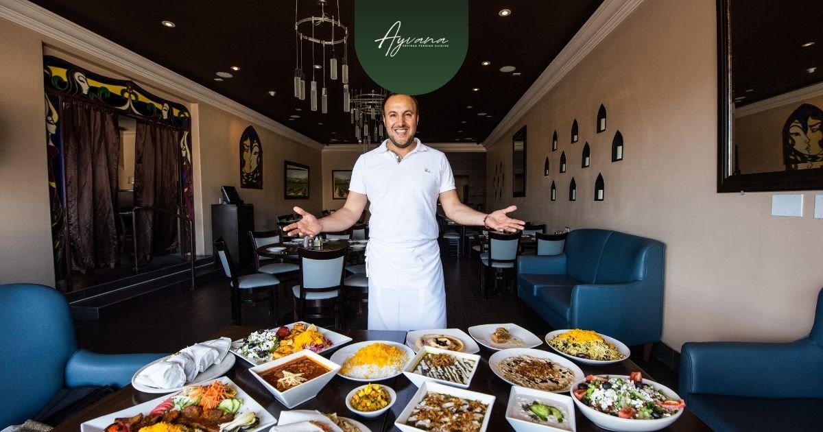 Shared Persian appetizers, mixed grill platters, and desserts at Ayvana Persian Restaurant