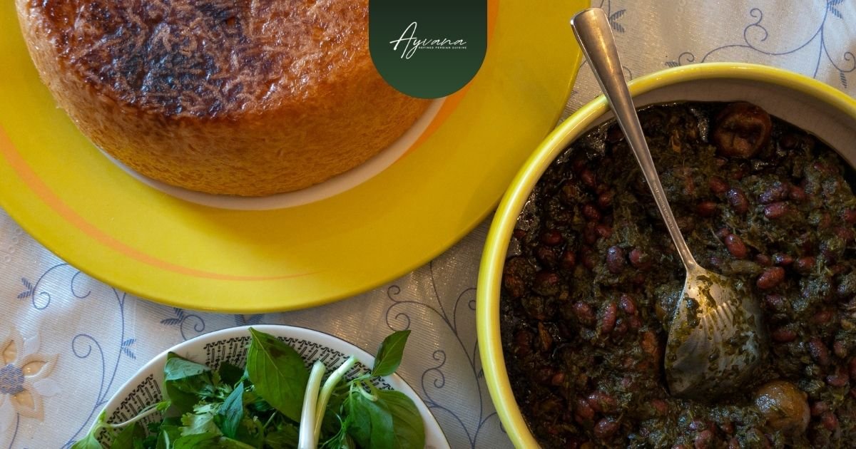 Close-up of ghormeh sabzi and Persian side dishes