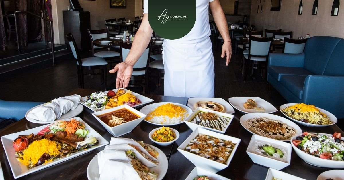 A view from inside Ayvana restaurant showing a wide range of Persian dishes