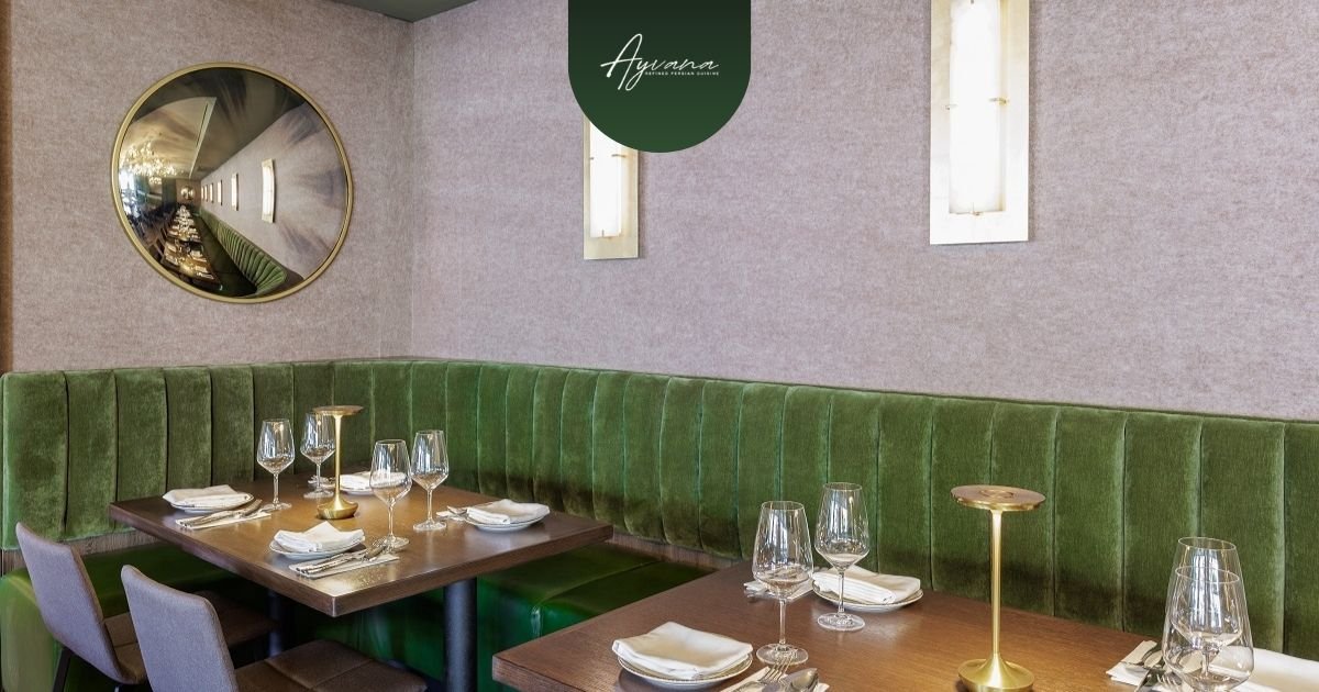Elegant interior dining space at Ayvana Persian Restaurant in Tarzana featuring modern seating, tables, lighting, and ambiance.