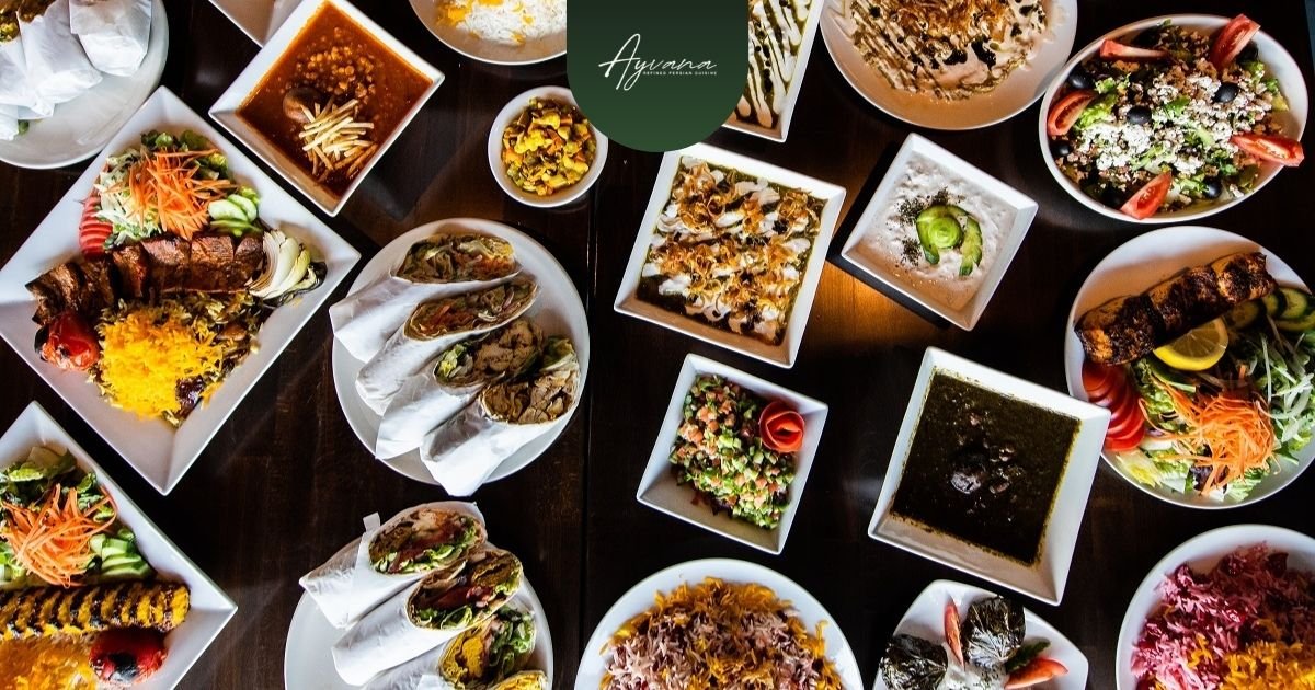 Vegetarian Persian dishes at Ayvana Restaurant Tarzana showcasing traditional plates, fresh herbs, rice, wraps, and balanced flavors