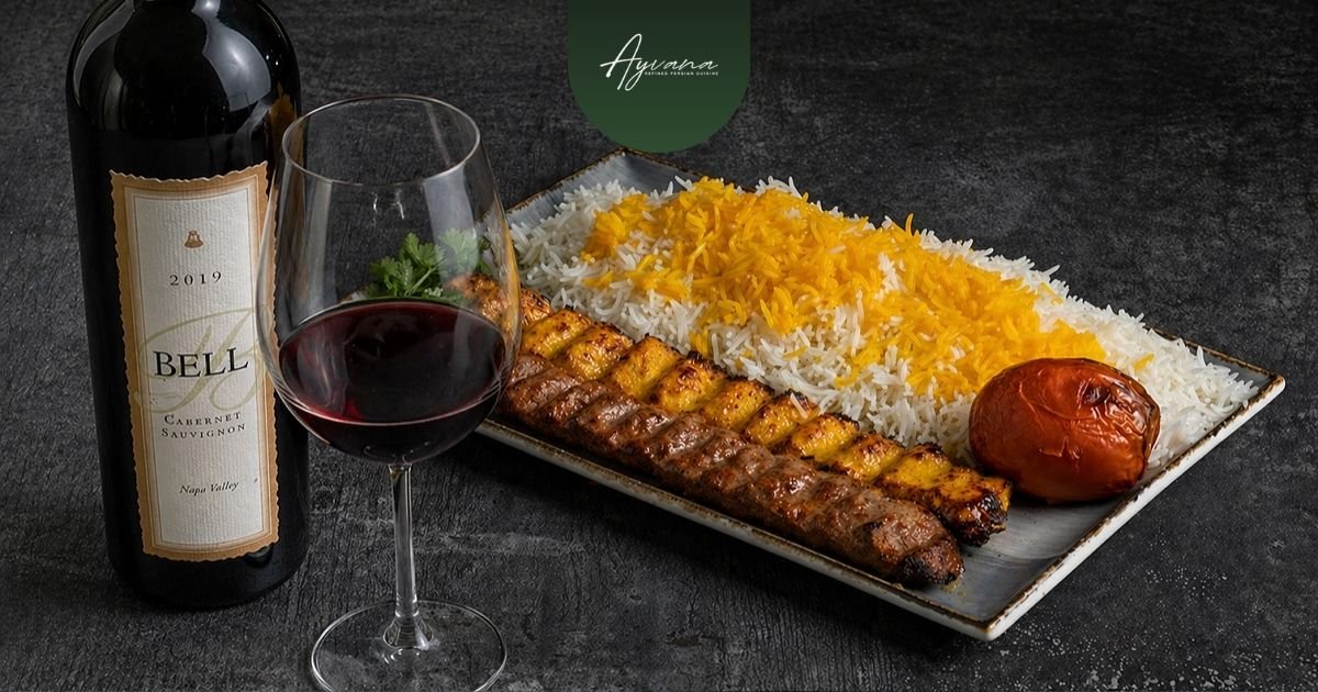 BELL Cabernet Sauvignon with Persian kebabs highlighting balanced red wine pairing with grilled meat, saffron rice, and smoky flavors